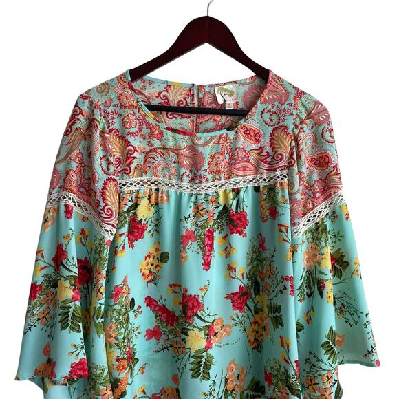 Fig & Flower Women Top S Turquoise Floral Boho Cottage Grandma Peasant Hippie‎ - Picture 8 of 11
